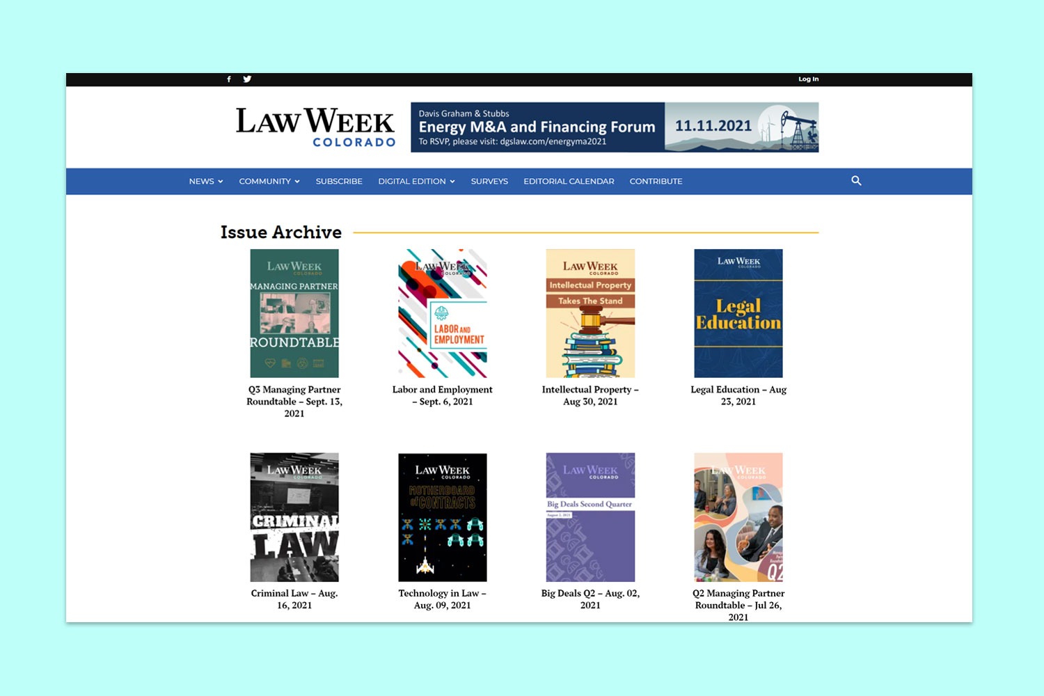 a screenshot of a web page on the Law Week Colorado website that is showcasing the weekly cover issues on the Archive page