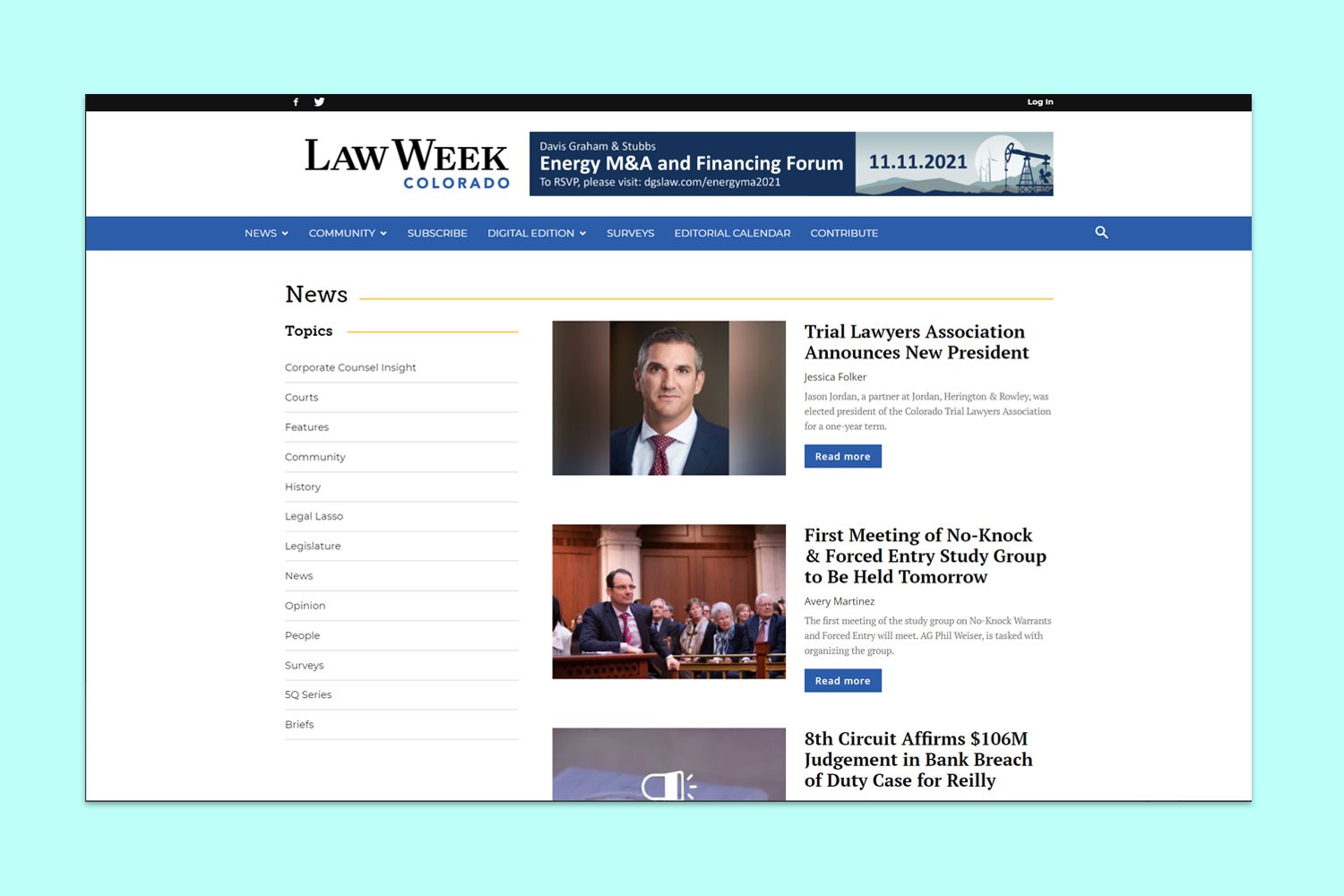 a screenshot of a web page on the Law Week Colorado website this showing one of the category pages and the different stories within that category