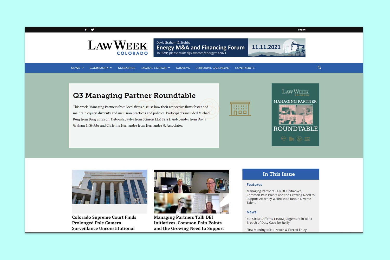 a screenshot of a web page on the Law Week Colorado website showcasing the issue page with a description of the issue contents and the associated stories below